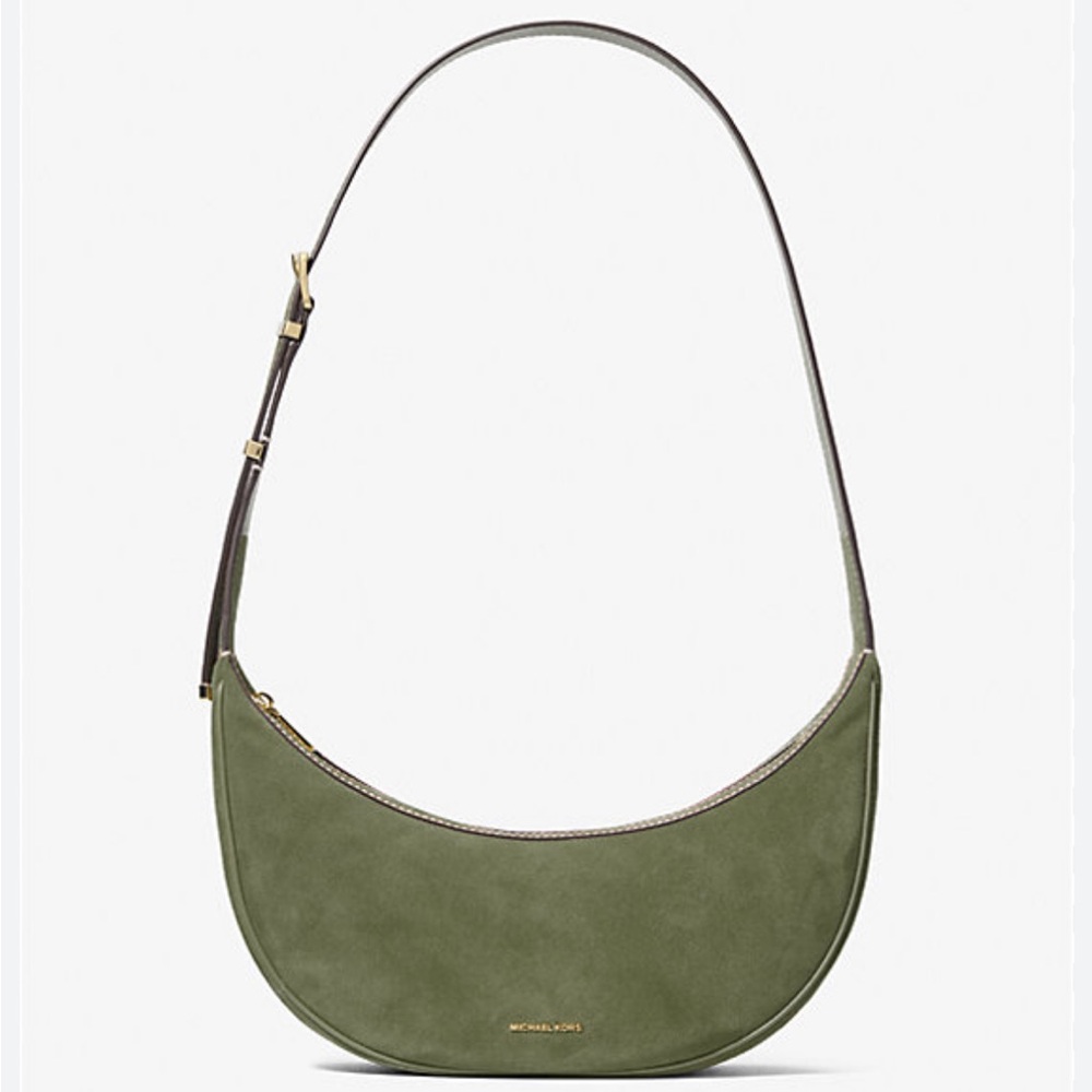 Michael Kors Olive Suede Crescent Shoulder Bag with Gold Hardware